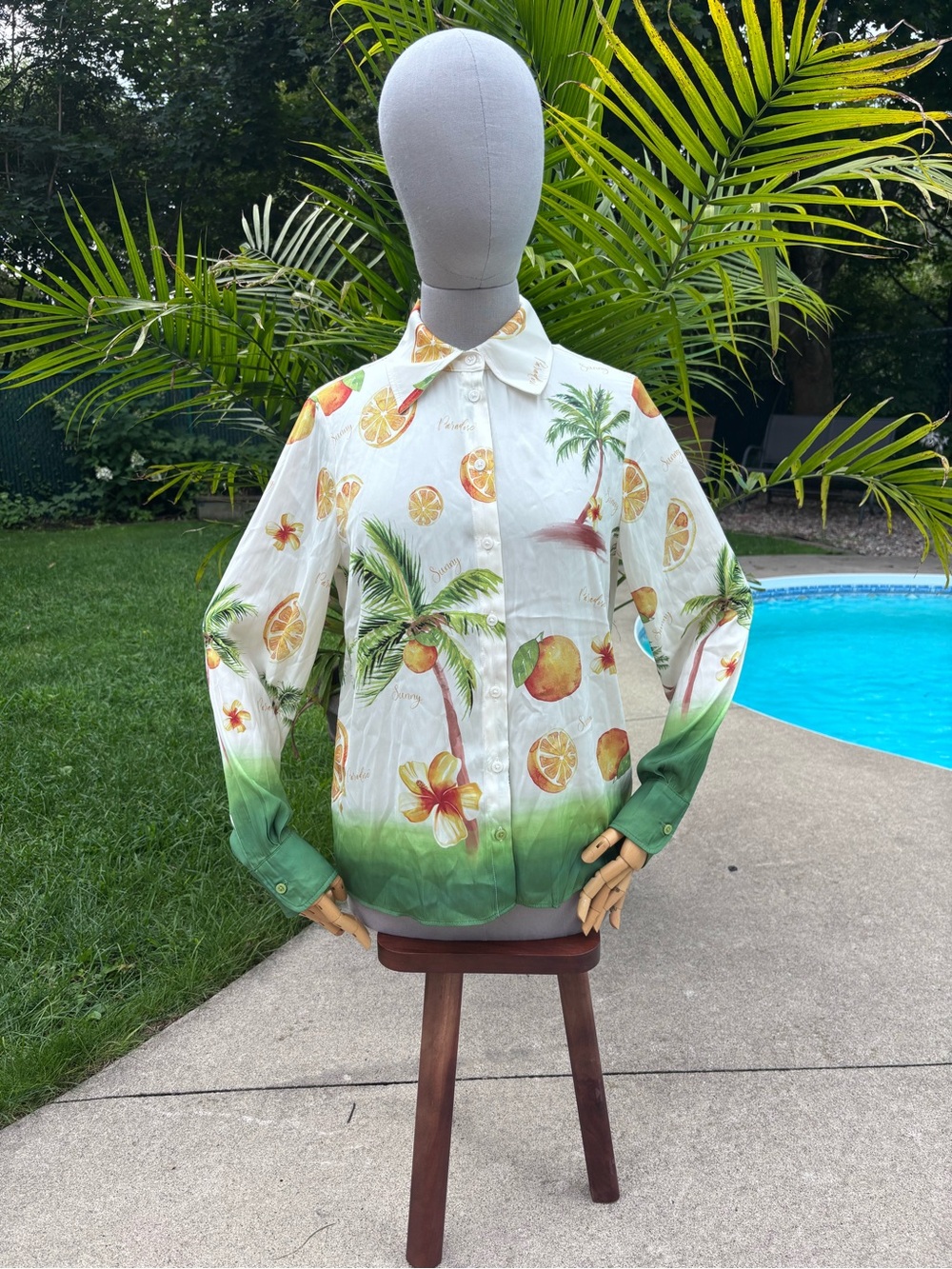 Rachel Zoe White Button-Down Shirt with Green Ombre and Citrus & Palm Print
